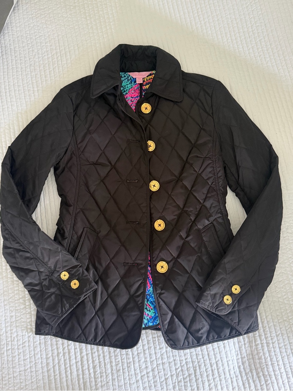 Lilly Pulitzer Black Quilted Puffer Jacket with Gold Buttons